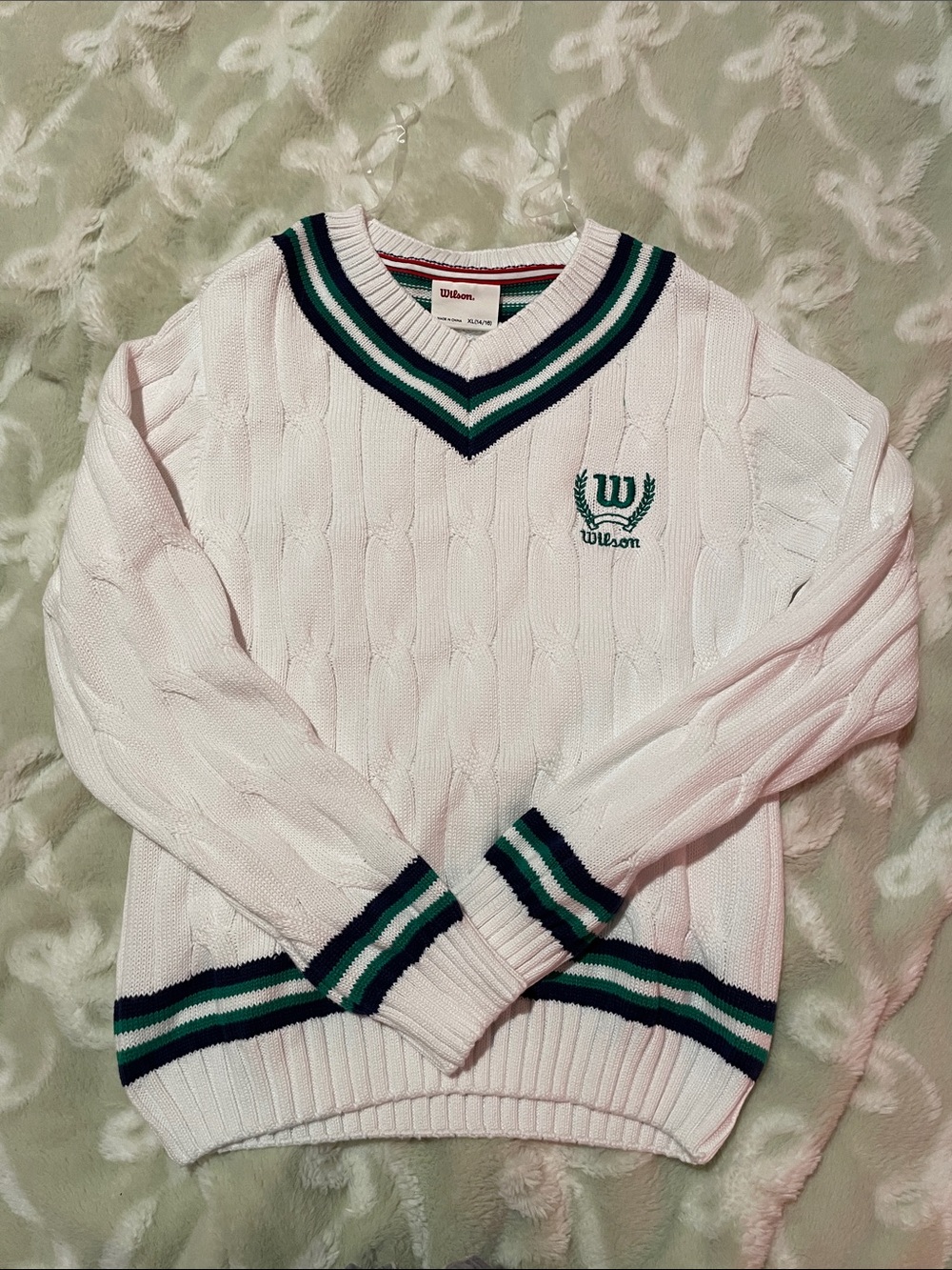 Wilson White Cable Knit V-Neck Sweater with Green & Blue Stripe Trim